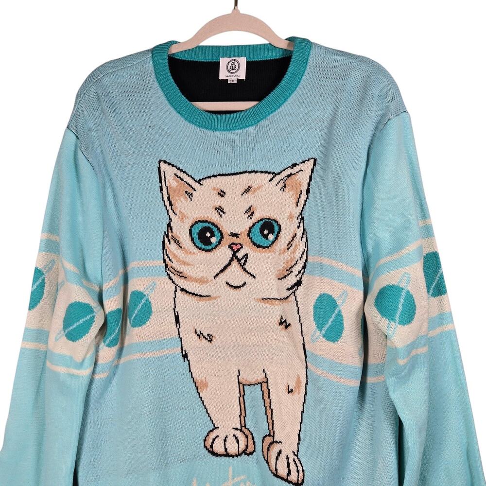 Lil Bub Mister Marbles Sweater Womens 3XL Blue Knit Space Cat Graphic Pullover - Picture 2 of 11